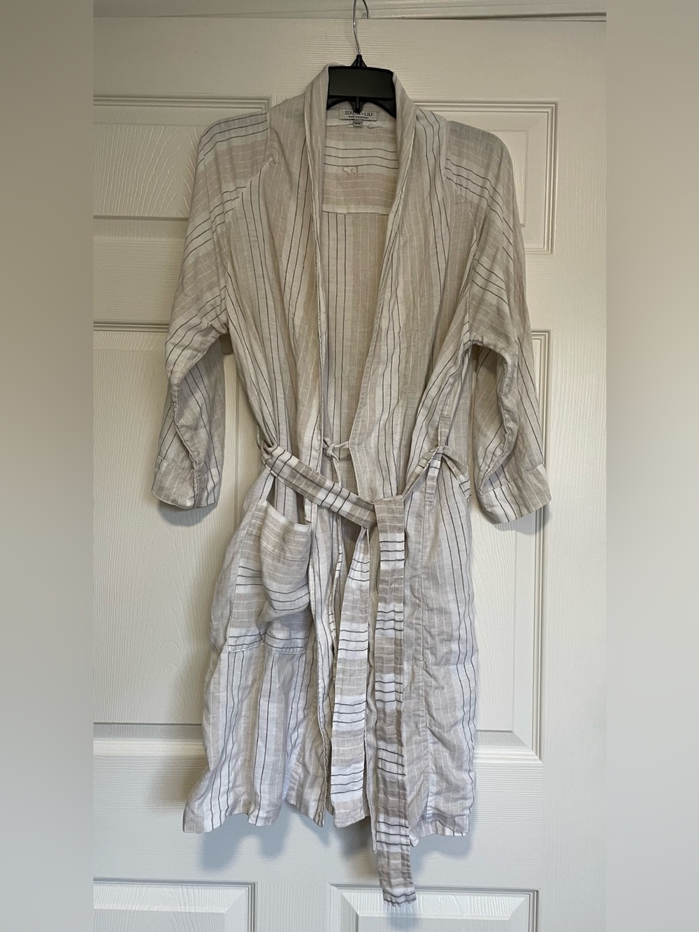 Serena & Lily Women’s Striped 100% Linen Robe White Beige S/M Made In Portugal
